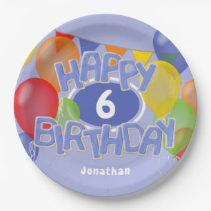 Assiettes En Carton gâteau d'anniversaire bleu heureux avec ballons