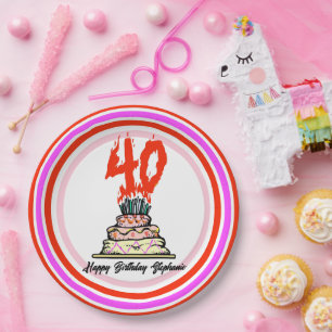 Assiettes En Carton Gâteau d'anniversaire en feu avec 40 bougies