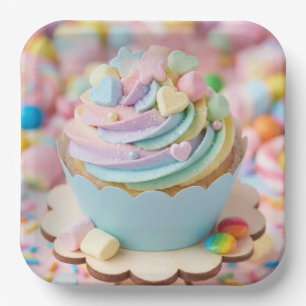 Assiettes En Carton Gâteau d'anniversaire pastel arc-en-ciel Marshmall