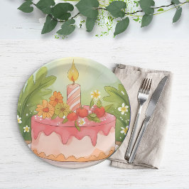 Assiettes En Carton Gâteau d'anniversaire rose | Joyeux anniversaire