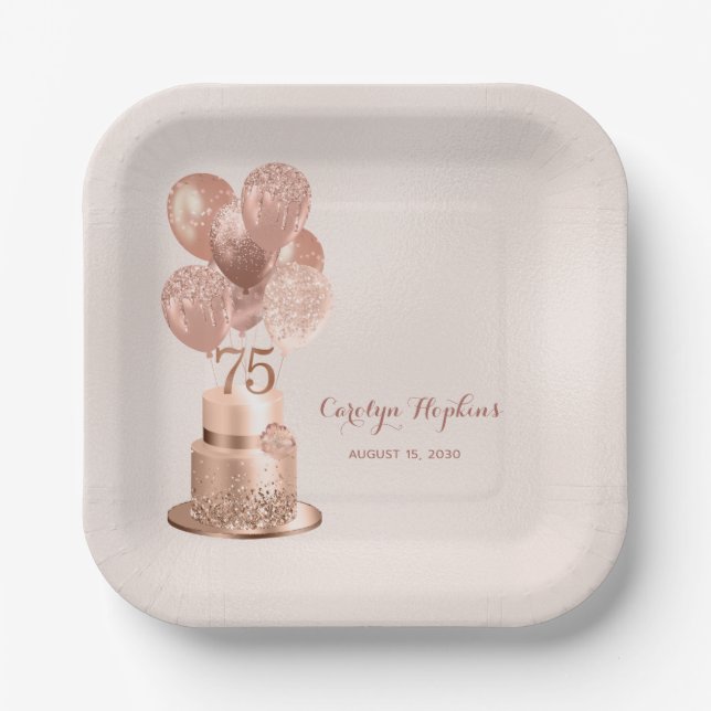 Assiettes En Carton Gâteau d'or rose 75e anniversaire (Recto)