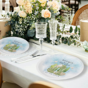 Assiettes En Carton Gazebo élégant   fleurs colombes Mariage Luxe