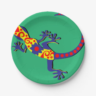 Assiettes En Carton Gecko bleu, jaune et rouge de style mexicain