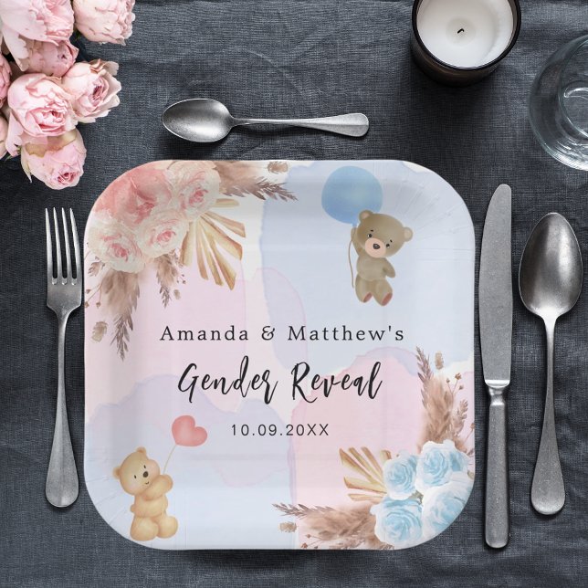 Assiettes En Carton Genre révéler la fête pampas tedbear bleu rose (Créateur téléchargé)