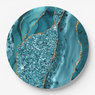 Assiettes En Carton Géode dorée en marbre bleu turquoise Parties scint