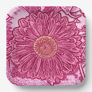 Assiettes En Carton Gerbera Daisy Block Imprimer, Maroon & Pastel rose