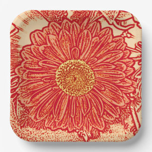 Assiettes En Carton Gerbera Daisy Block Print, Mandarin Orange