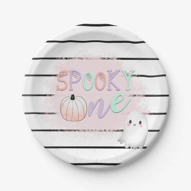 Assiettes En Carton Ghost Éffrayant One Pastel Pink Halloween Annivers (Devant)