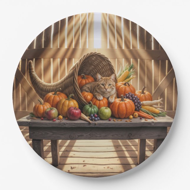 Assiettes En Carton Ginger Cat In a Thanksgiving Cornucopia (Devant)