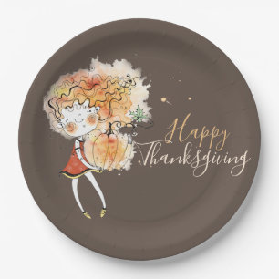 Assiettes En Carton Ginger Girl avec Citrouille Thanksgiving