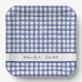 Assiettes En Carton Gingham Bleu Marin d'Été, Damier 4 Juillet