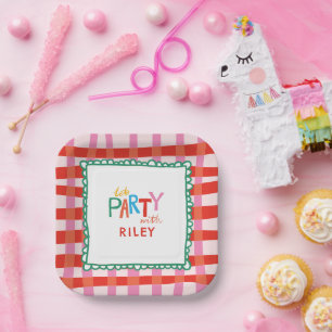Assiettes En Carton Gingham Coloré "Faisons la Fête" Nom Personnalisé