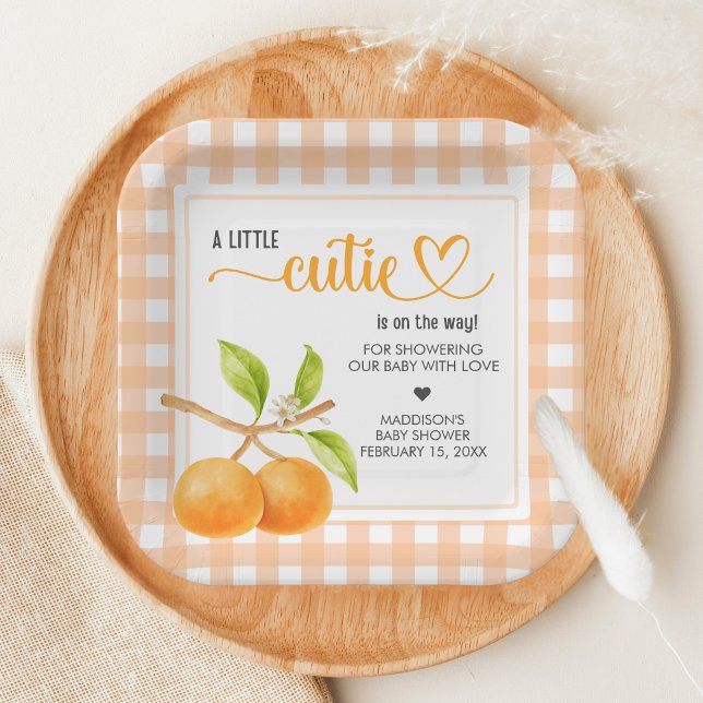 Assiettes En Carton Gingham Orange Baby Shower (Little Cutie Orange Baby Shower Paper Plate)