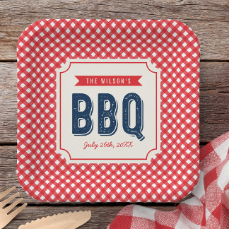 Assiettes En Carton Gingham Rouge et BBQ d'Été Bleu