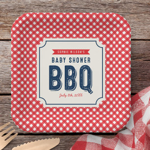Assiettes En Carton Gingham Rouge et Fête de Barbecue pour Bébé Bleu