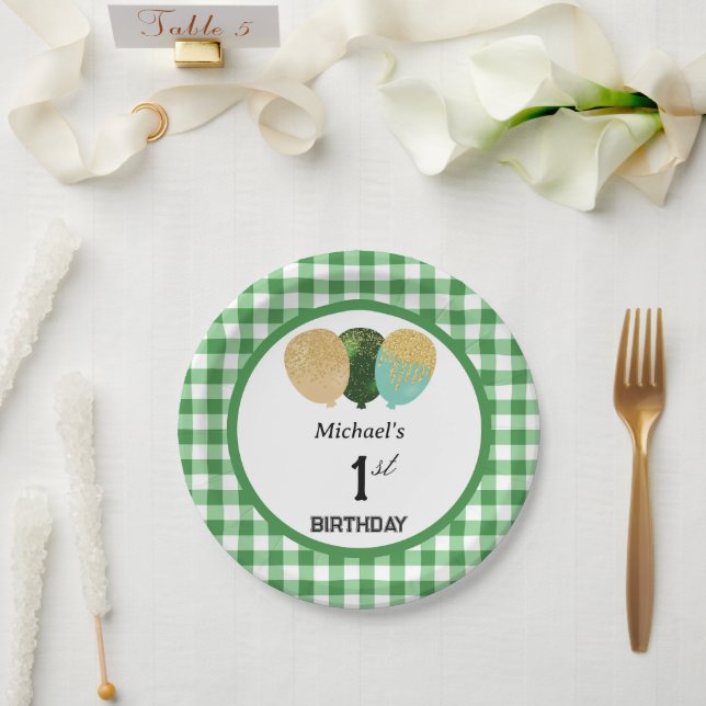 Assiettes En Carton Gingham Vert & Ballons 1er Anniversaire (Mariage)