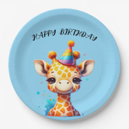 Assiettes En Carton girafe bébé avec chapeau de fête anniversaire