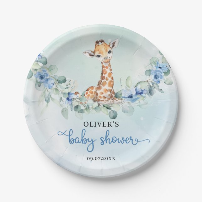 Assiettes En Carton girafe bleu populaire fleurs d'aquarelle safari (Devant)