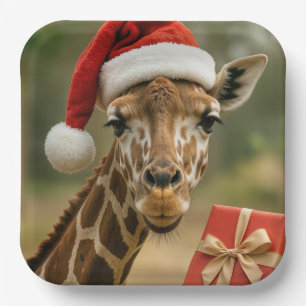 Assiettes En Carton Girafe de Noël avec cadeau de fête