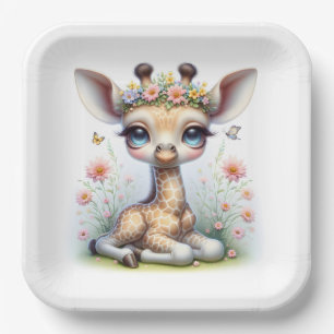 Assiettes En Carton Girafe Fille Bébé Avec Fleurs Roses