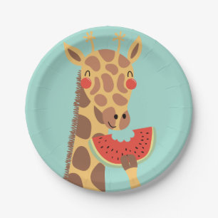 Assiettes En Carton Girafe mangeant la partie de pastèque