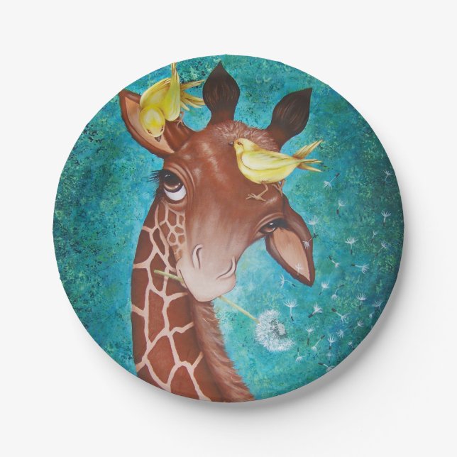 Assiettes En Carton Girafe mignonne avec des oiseaux (Devant)