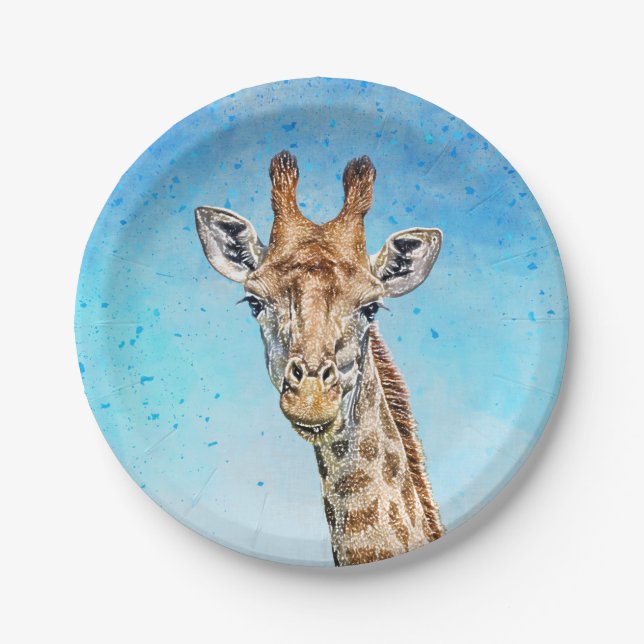 Assiettes En Carton Giraffe curieuse avec Ciel de Confetti Bleu (Devant)
