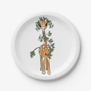 Assiettes En Carton Giraffe de Noël festive, guirlande verte rouge