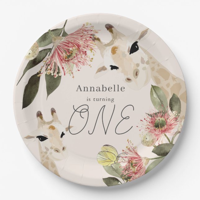 Assiettes En Carton Giraffe Rose Floral Girl 1er anniversaire (Devant)