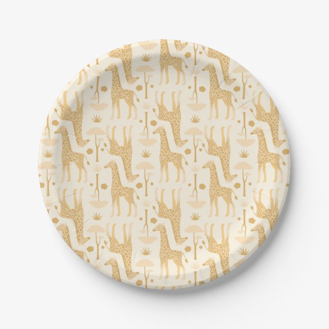 Assiettes En Carton Giraffes dans la Savannah en Jaune (Devant)