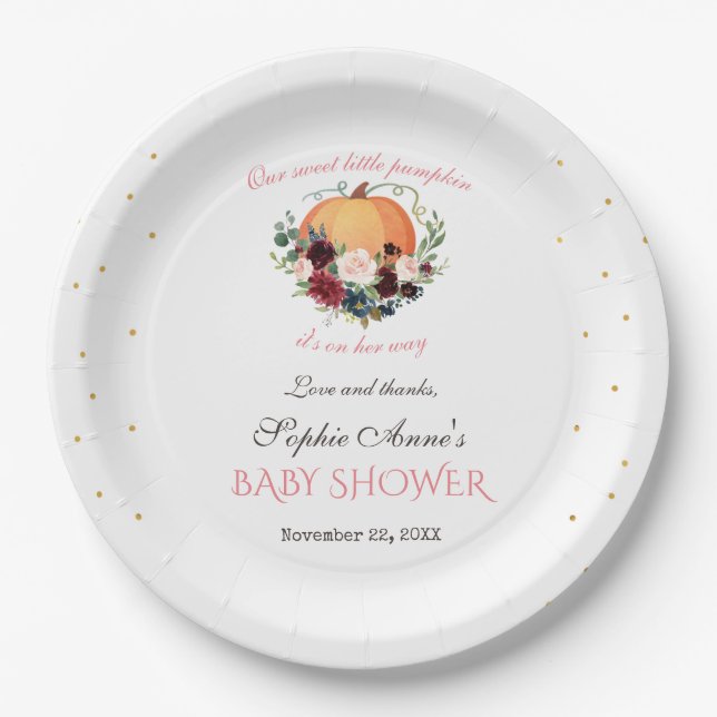 Assiettes En Carton Girl Little Citrouille Bourgogne Baby shower flora (Devant)