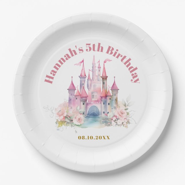 Assiettes En Carton Girl Princess Royal Castle Cinquième anniversaire (Devant)
