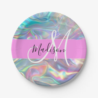 Assiettes En Carton Girl Rainbow Holographic Iridescente Monogramme No