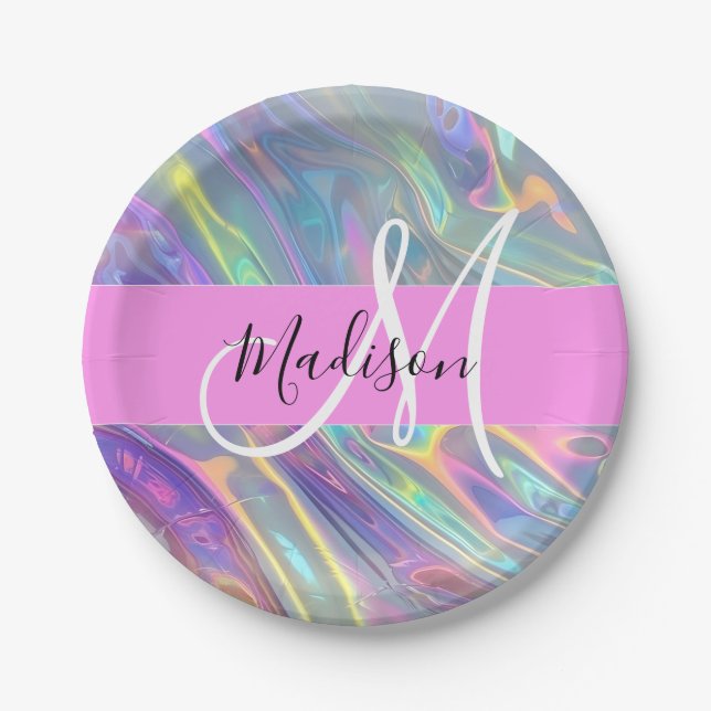 Assiettes En Carton Girl Rainbow Holographic Iridescente Monogramme No (Devant)