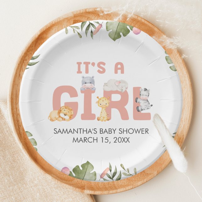 Assiettes En Carton Girl Safari Animal Baby Shower  (Safari Jungle Animals Baby Shower Paper Plate)