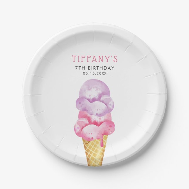 Assiettes En Carton Glace Crème rose Filles Anniversaire (Devant)