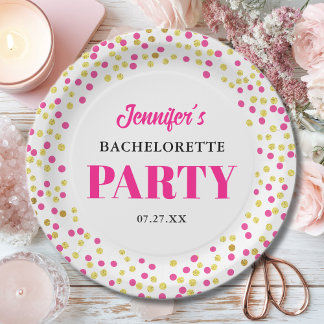 Assiettes En Carton Glam Bachelorette Party Pink Gold Dots