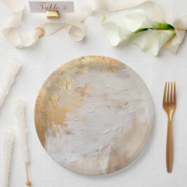 Assiettes En Carton Glam Gold Cream Blanc (Mariage)