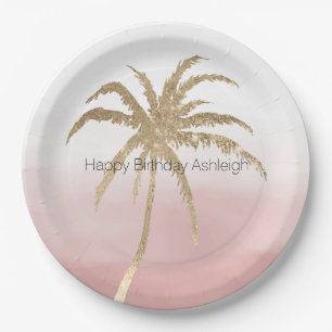 Assiettes En Carton Glam Gold Tropical Palm Pink ombre