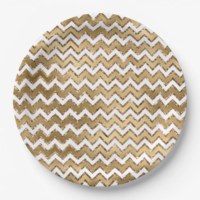 Assiettes En Carton Glam Gold White Zigzag (Devant)