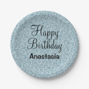 Assiettes En Carton Glam Happy Birthday Blue Silver Parties scintillan