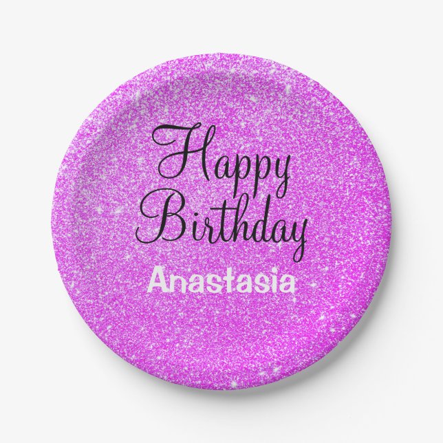 Assiettes En Carton Glam Happy Birthday Purple Parties scintillant Nom (Devant)
