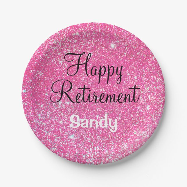 Assiettes En Carton Glam Happy Retirement Hot rose Parties scintillant (Devant)
