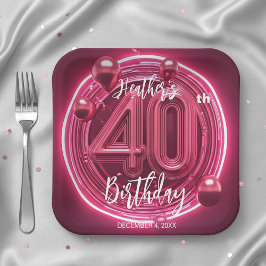 Assiettes En Carton Glam Magenta Neon rose 40e anniversaire Célébratio