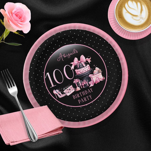 Assiettes En Carton Glam Pink Black Fashion 100e fête d'anniversaire (Glam Pink and Black French Couture Fashion 100th Birthday Party Paper Plates)