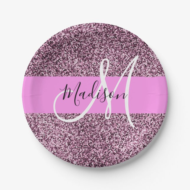 Assiettes En Carton Glam Pink & Violet Parties scintillant étincelles  (Devant)