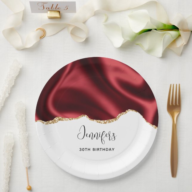 Assiettes En Carton Glam rouge foncé Satin foncé Conception abstraite  (Mariage)