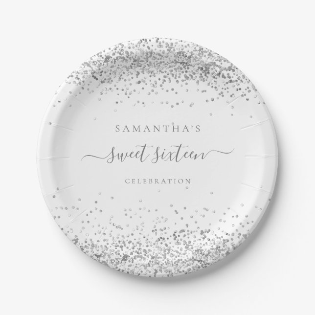 Assiettes En Carton Glam Silver Nom de la Parties scintillant Date Swe (Devant)
