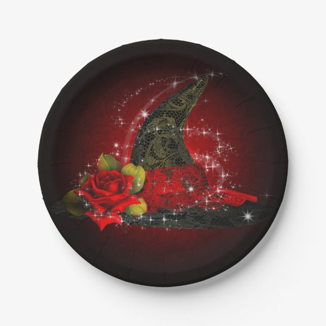 Assiettes En Carton Glam Witch Casquette Lacy Black & Red Sparkle Part (Devant)