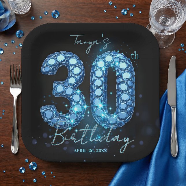 Assiettes En Carton Glamorous Sapphire Blue Jewel Mosaic 30th Birthday (Créateur téléchargé)